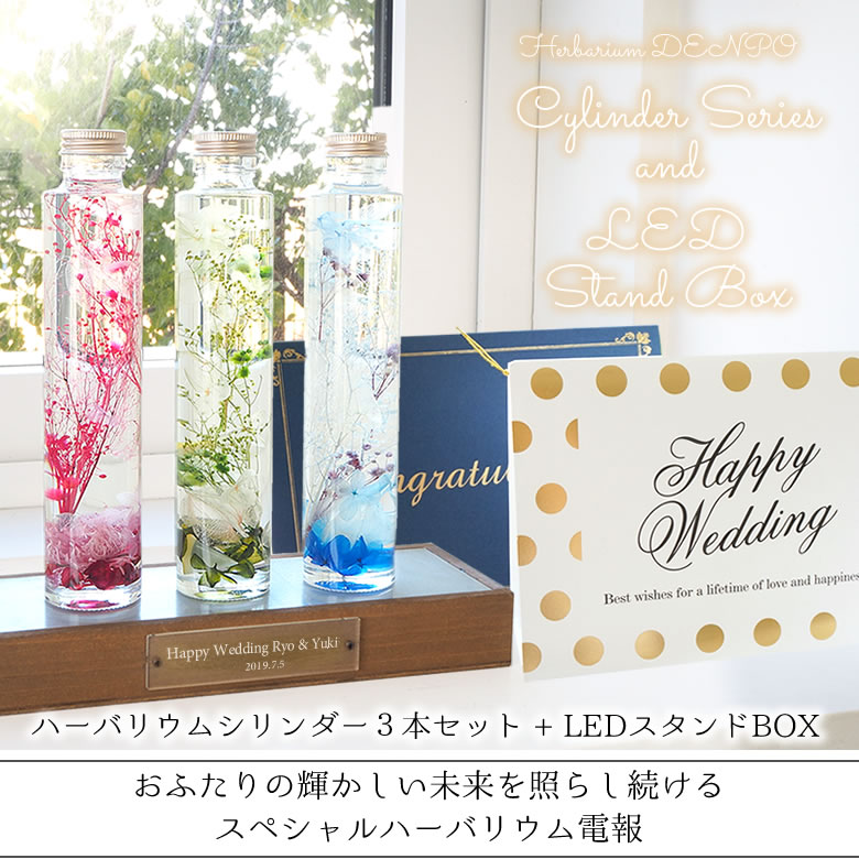 【電報 結婚式】ハーバリウムシリンダー3本セット + LEDスタンドBOX(専用ボックス付)