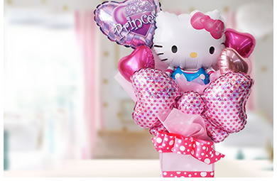 根強い人気のサンリオ「ハローキティ」のバルーンギフトは女の子の御誕生日のお祝いに人気！結婚祝い、開店祝いなどキティ好きな女性への贈り物にも♪
