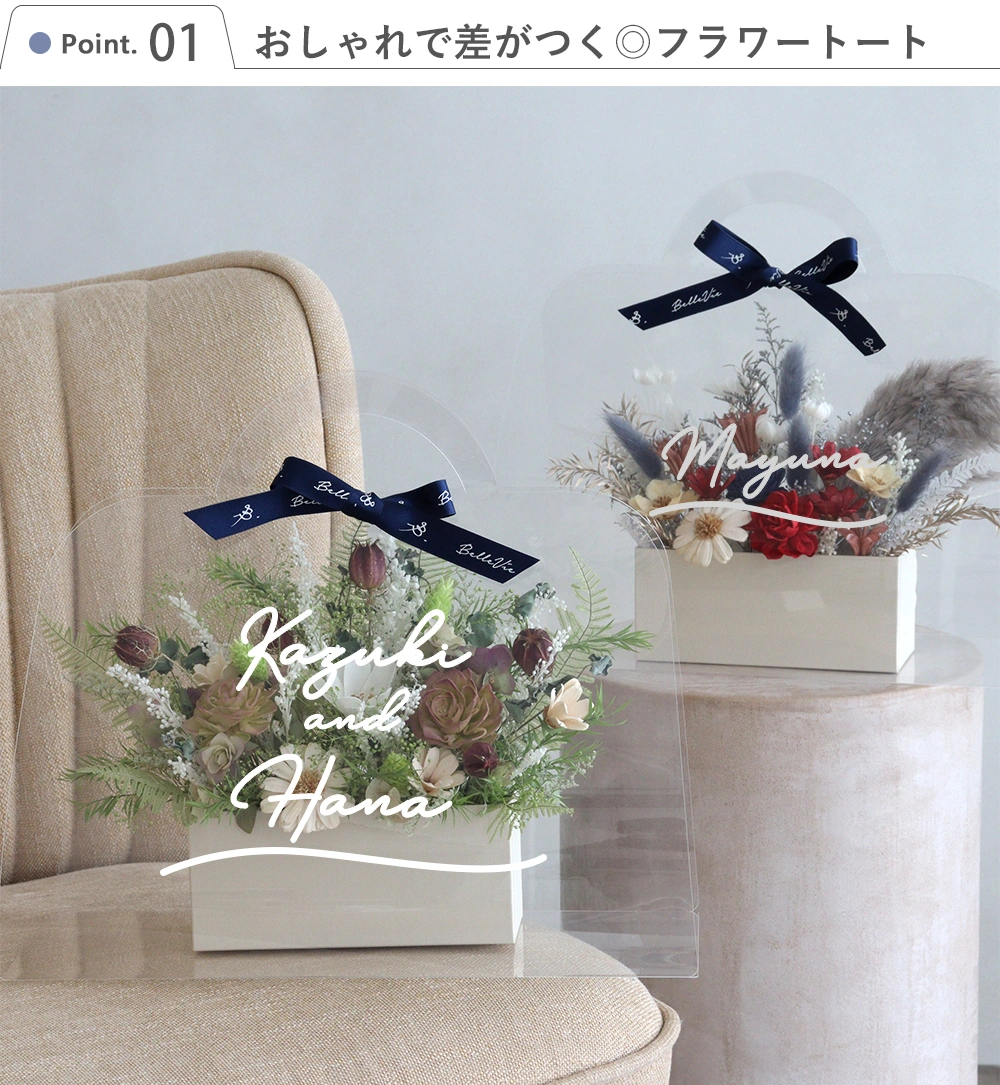 結婚式 電報 ソラフラワー クリアバッグブーケ Point.1 おしゃれで差がつく◎フラワートート
